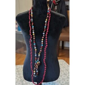 2 Plunder Design Jewelry Multicolor Glass Wood Bead Necklace And Red Wood Beads